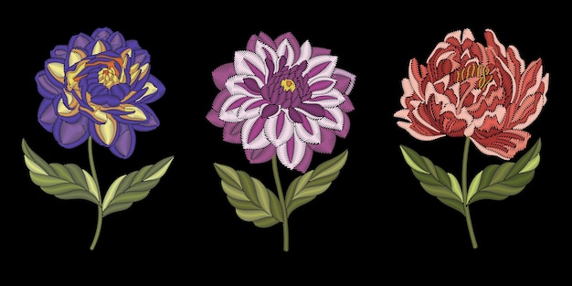 Vector peony and dahlia flowers. embroidery collection. floral prints. fashion embroidered patterns.