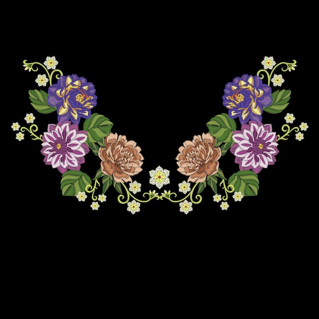 Peony and dahlia flowers embroidery design. floral round neckline print. fashion embroidered pattern