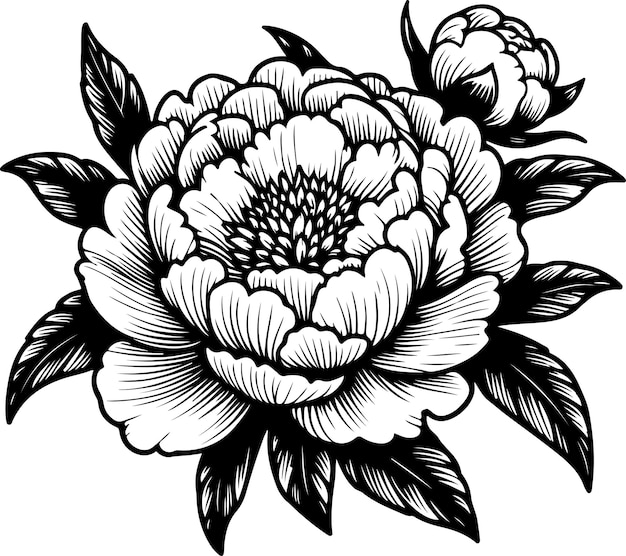 Peony flower black outline vector illustration Coloring book