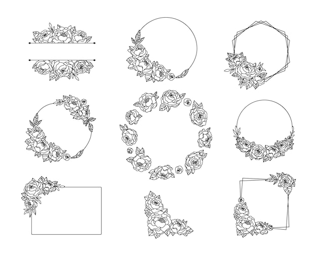 Peony flower frame and border bundle Floral line wreath with peonies botanical monogram frame