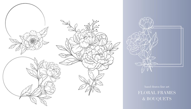 Peony Flower Line Art Floral Frames and Bouquets Line Art Fine Line Peony Frames Hand Drawn