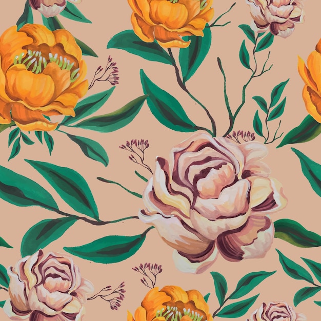 Vector peony flower watercolor seamless pattern