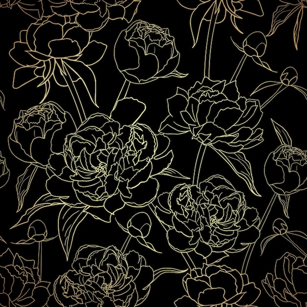 Peony flowers seamless pattern black and gold background