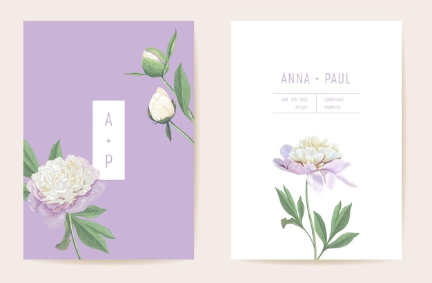 Peony flowers watercolor wedding card. Vector spring floral invitation. Rustic floral blossom. Boho template frame. Botanical Save the Date foliage cover, modern design poster