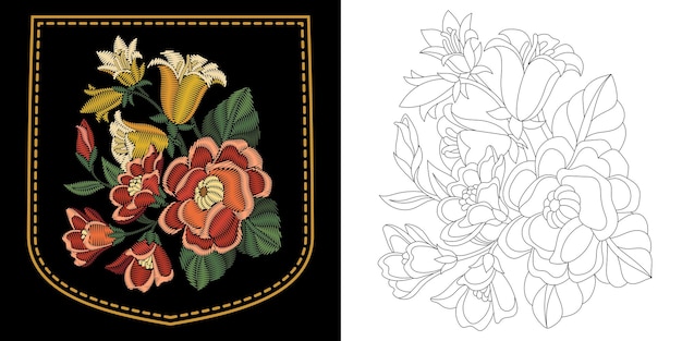 Vector peony and lily flowers embroidery pattern. floral embroidered pocket design. coloring book page.