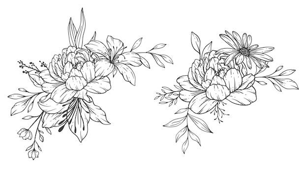 Peony Line Art Fine Line Peony boeketten Hand getrokken illustratie kleurplaat met pioenrozen