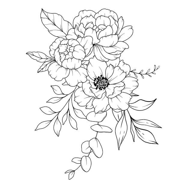 Vettore disegno in linea di peonia bouquet di fiori bianchi e neri pagina da colorare flower line art fine line illustrazione di peonia fiori disegnati a mano colorazione botanica fiori per inviti a nozze