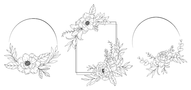 Vettore disegno in linea di peonia cornici floreali in bianco e nero arte in linea floreale