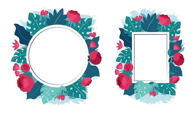 Peony and monsteras composition for text design in the circle and square