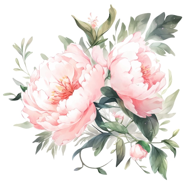 Vector peony watercolor flowers and leaf assortment vector set