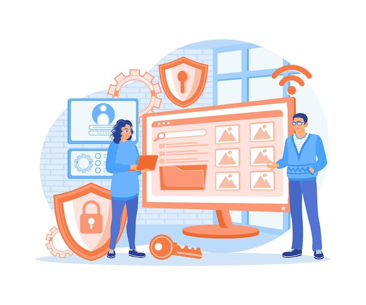 Vector people access cyber security services on computers office staff protects and maintains the confidentiality of data cyber security concept flat vector illustration