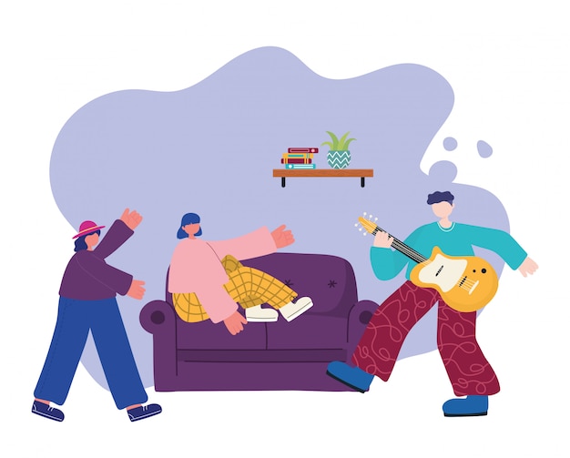 Vector people activities, man playing guitar woman on sofa and woman dancing