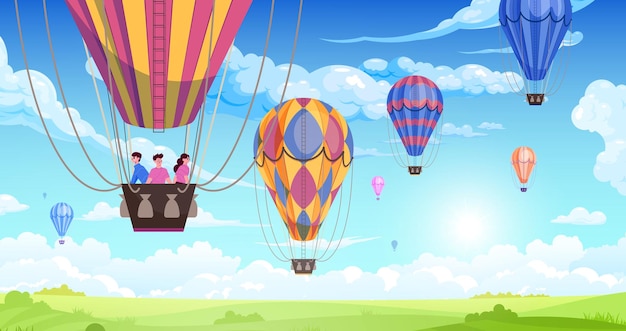 People in an aerostat travel across the sky, accompanied by other air balloons flat illustration