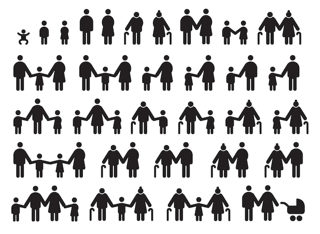 People ages and family persons symbol icons Full family with kids and parents seniors vector set