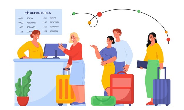 공항 개념에 있는 사람들은 줄을 서서 기다리는 관광객과 여행자에게 짐을 들고 있는 남성과 여성입니다.