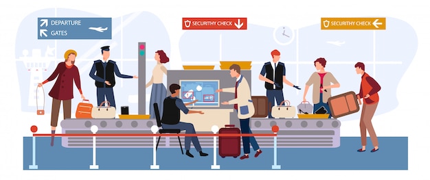 Vector people in airport  illustration, cartoon  man woman travel characters with baggage passing through scanner and security checkpoint