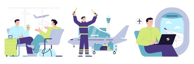 空港にいる人々はセキュリティスキャナーで飛行機のチェックイン時にスーツケースを備えたキャラクターを設定します