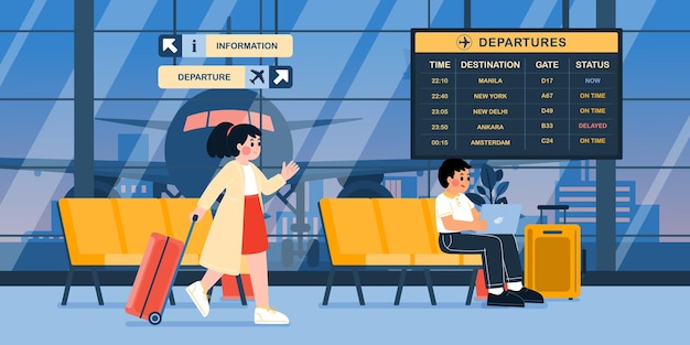 Persone in aeroporto in attesa e lavorare nella sala d'attesa e andare al check-in illustrazione vettoriale