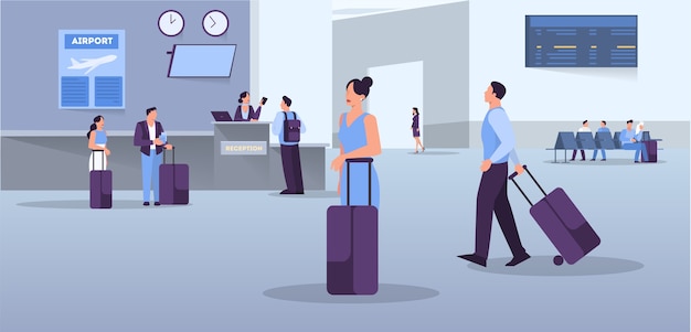 Persone nel concetto di banner web aeroporto. idea di viaggio e vacanza. arrivo in aereo. illustrazione