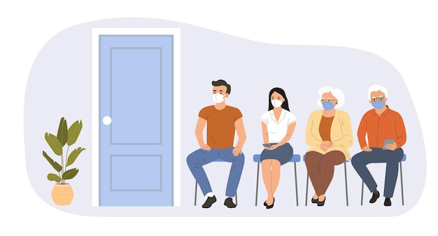 People of all ages are sitting in line waiting for the covid-19 vaccination. vector illustration.