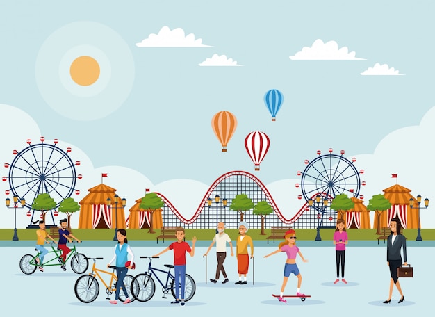 Vector people in the amusement park at sunny day scenery