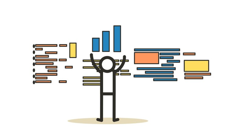 Vector people analysis data commerce vector employee man and woman with computer and bar