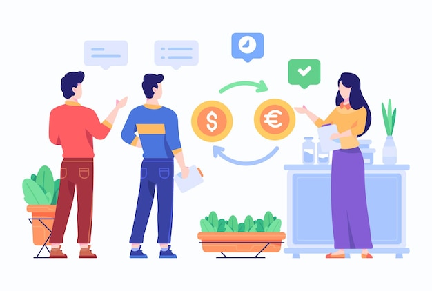 People analyze currency exchange rate concept flat style design illustration