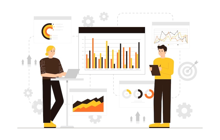 Vector people analyzing growth charts business people analytics and monitoring investment and finance