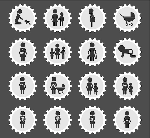 Иконы людей и семьи на стилизованных круглых почтовых марках