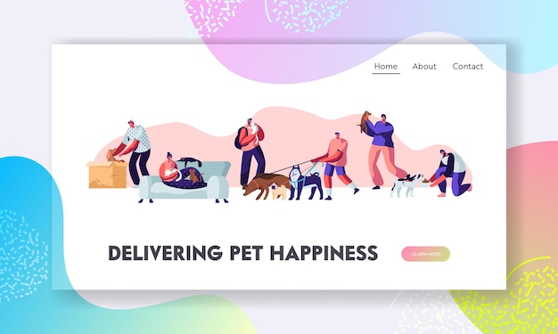 家庭と屋外の人々とペット。犬と一緒に歩く、猫と一緒にリラックスする、コミュニケーションの愛、動物の世話をするキャラクター。ウェブサイトのランディングページ、ウェブページ。漫画フラットベクトルイラスト