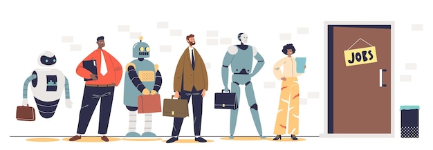 就職の面接を待っている人とロボットオフィスの欠員のための人間とロボット工学の従業員ビジネスの現代人工知能漫画フラットベクトルイラスト