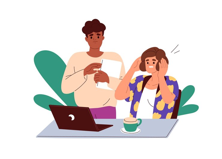 Vector people in anxiety stress looking at laptop computer bad news negative business information work problem failure trouble concept flat graphic vector illustration isolated on white background