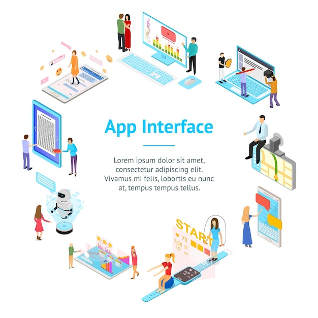 people and app interfaces concept banner card circle 3d isometric view vector