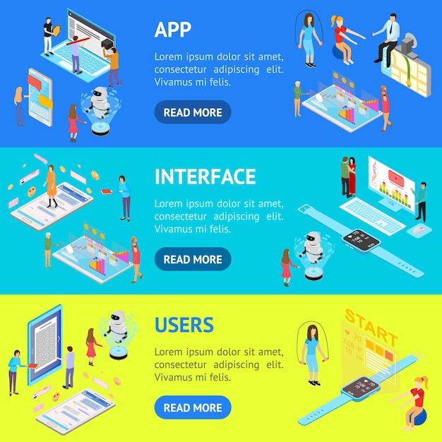 people and app interfaces concept banner horizontal set 3d isometric view vector