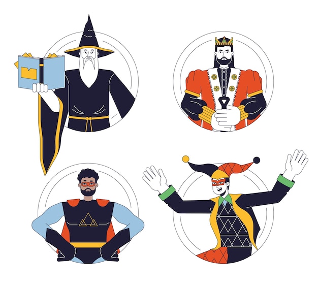 Vector people archetypes flat line color vector characters set wizard king superhero jocker editable outline full body people on white simple cartoon spot illustration collection for web graphic design