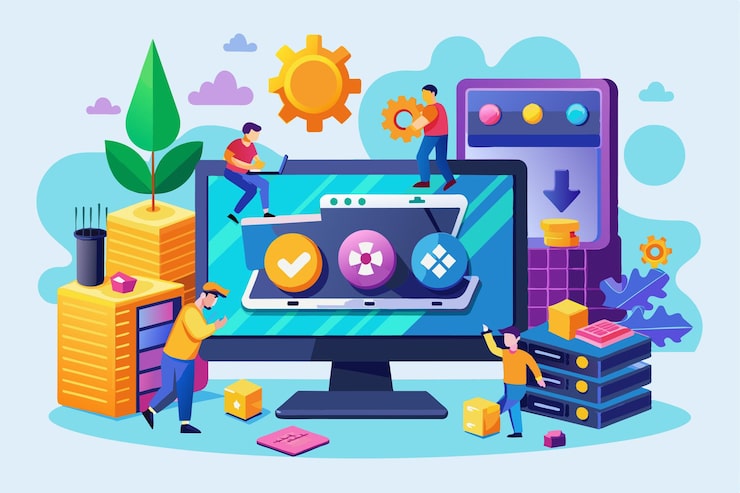 Vector 사람들은 다채로운 그래픽과 요소와 상호 작용하는 동안 컴퓨터에 게임 소프트웨어를 적극적으로 설치하고 있습니다.