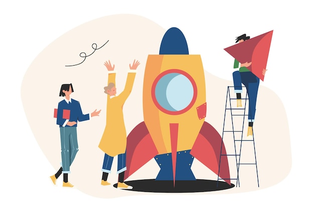 Vector people are building a spaceship rocket cohesive teamwork in the startup illustration concept