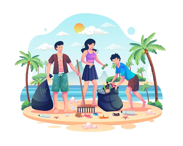 人々は世界環境デーのイラストでビーチのゴミを片付けています