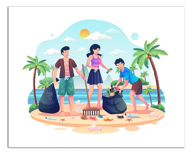 Vector people are cleaning up trash on the beach on world environment day save the planet earth day concept flat style vector illustration