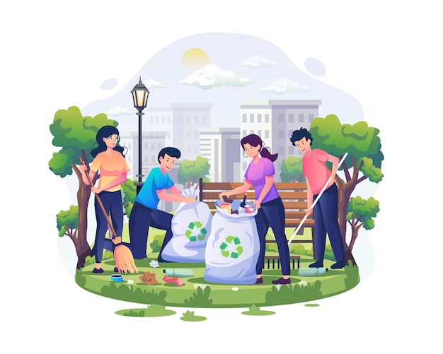 People are cleaning up trash in the park on World Environment Day illustration