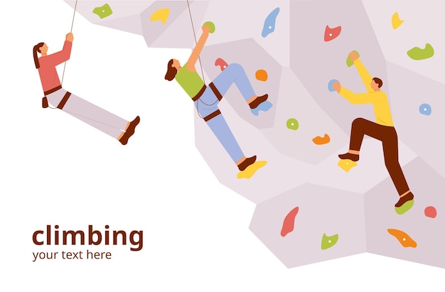 People are doing indoor rock climbing. flat vector illustration.