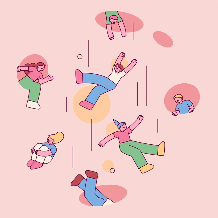 Vector 사람들은 구으로 떨어지는 것을 즐기고 있습니다. 간단한 터 일러스트레이션을 설명하세요.