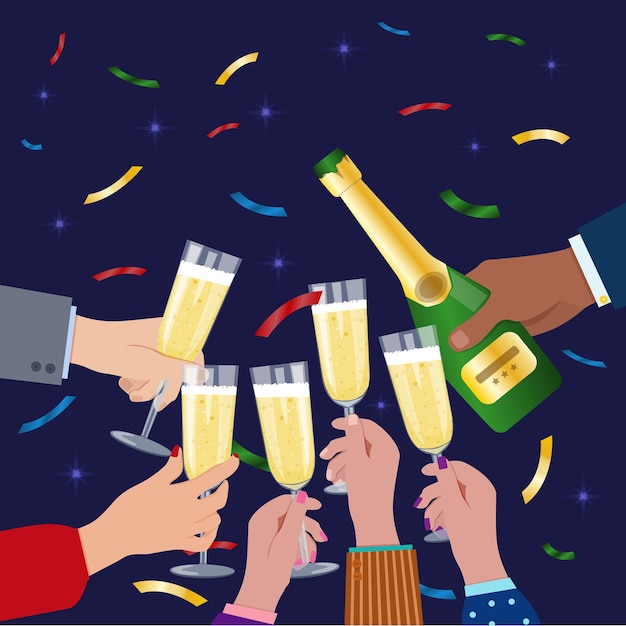 People are holding a bottle of champagne and glasses of wine Celebrate Christmas or New Year