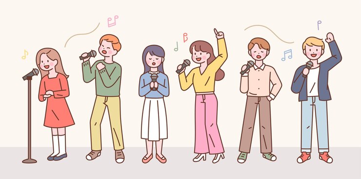 Vector 사람들이 마이크를 들고 무대에서 노래하고 있다