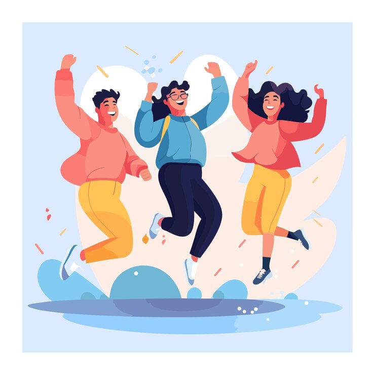 People are jumping with joyful expressions