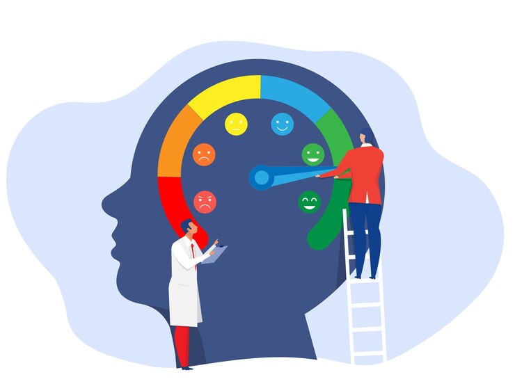 Vector people are on the mood scale,emotion overload, burnout and fatigue from work. stress level meter