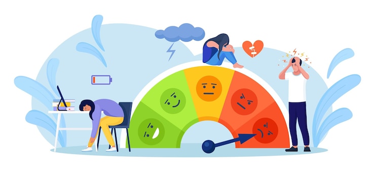 Vector people are on the mood scale, stress rate. frustration and stress, emotional overload, burnout, overworking, depression diagnosis