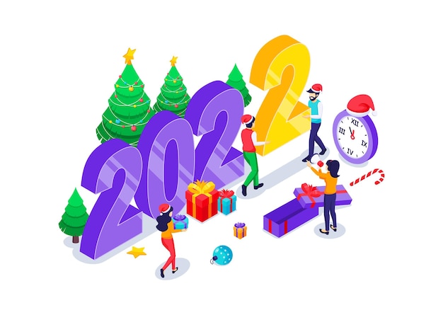 Vector people are preparing for new year 2022 by changing the number of the year isometric illustration