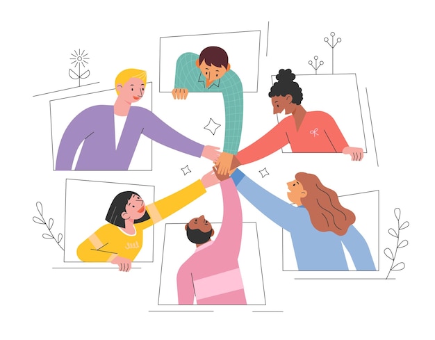 Vector people are putting their hands together. window frame. flat design style vector illustration.