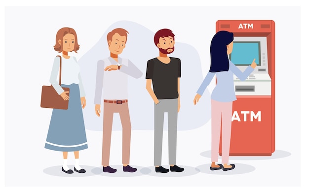 People are queue at the ATM machine,waiting in line for use ATM some start angry due to too long time. Flat vector cartoon character illustration.